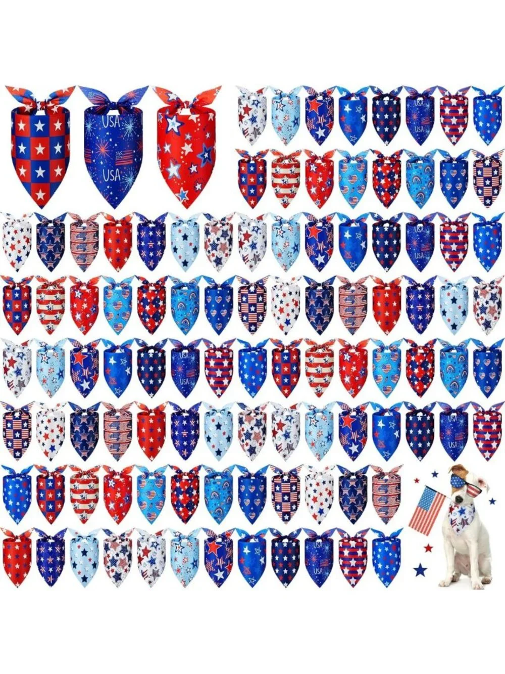 100 Pcs Patriotic Dog Bandanas - 4th of July Triangle Kerchiefs for Pets, 25